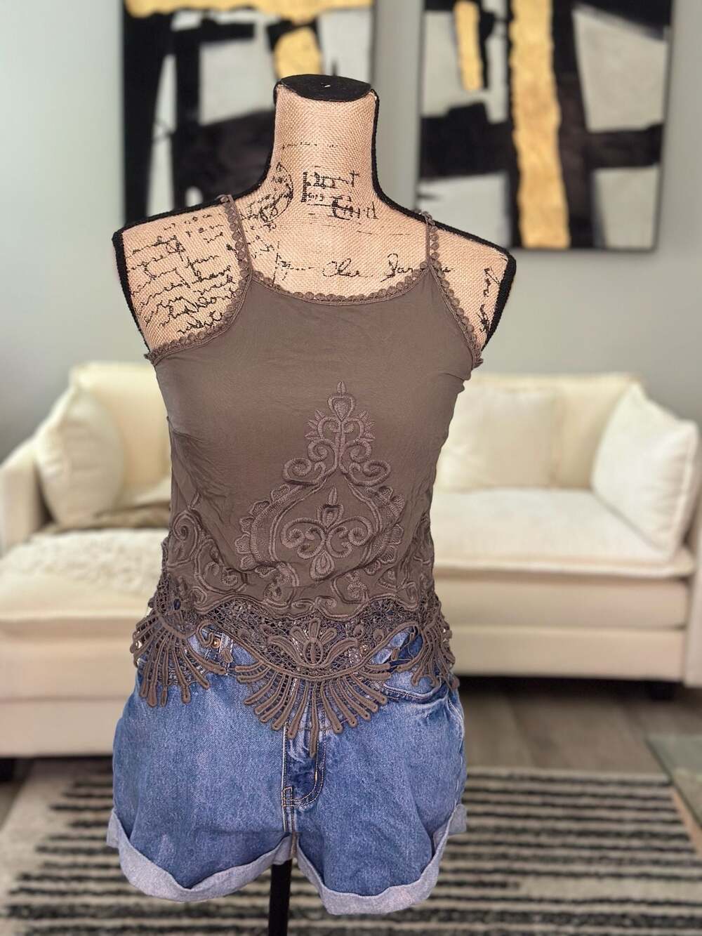 rue21 Brown Cami Top with Embroidered Detail and Crochet Hem
